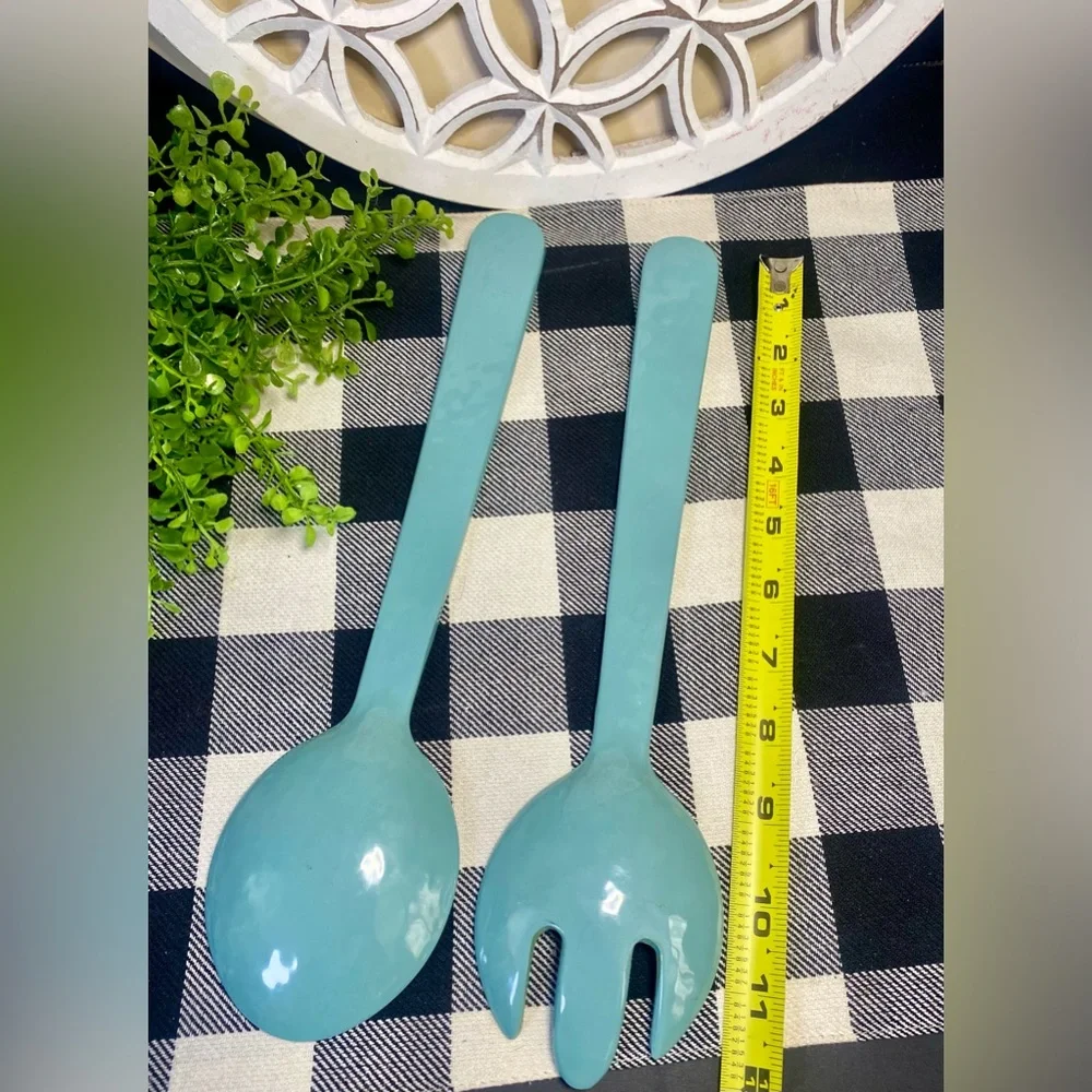 Beautiful pair of teal melamine salad servers‎ with gold rope-textured